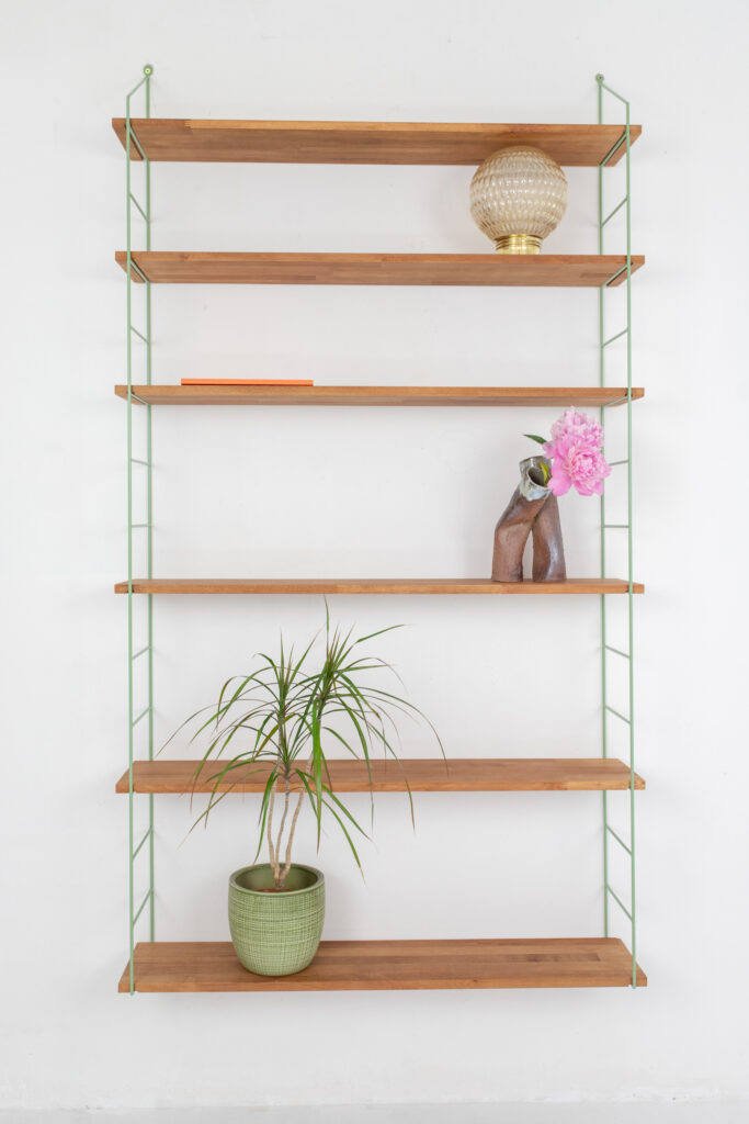 Pastel Green Shelfing Unit with 6 Oak Shelves