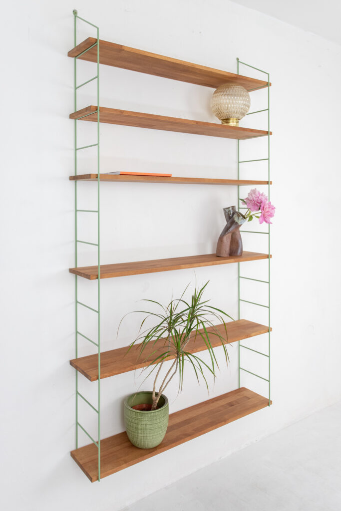 Pastel Green Shelfing Unit with 6 Oak Shelves