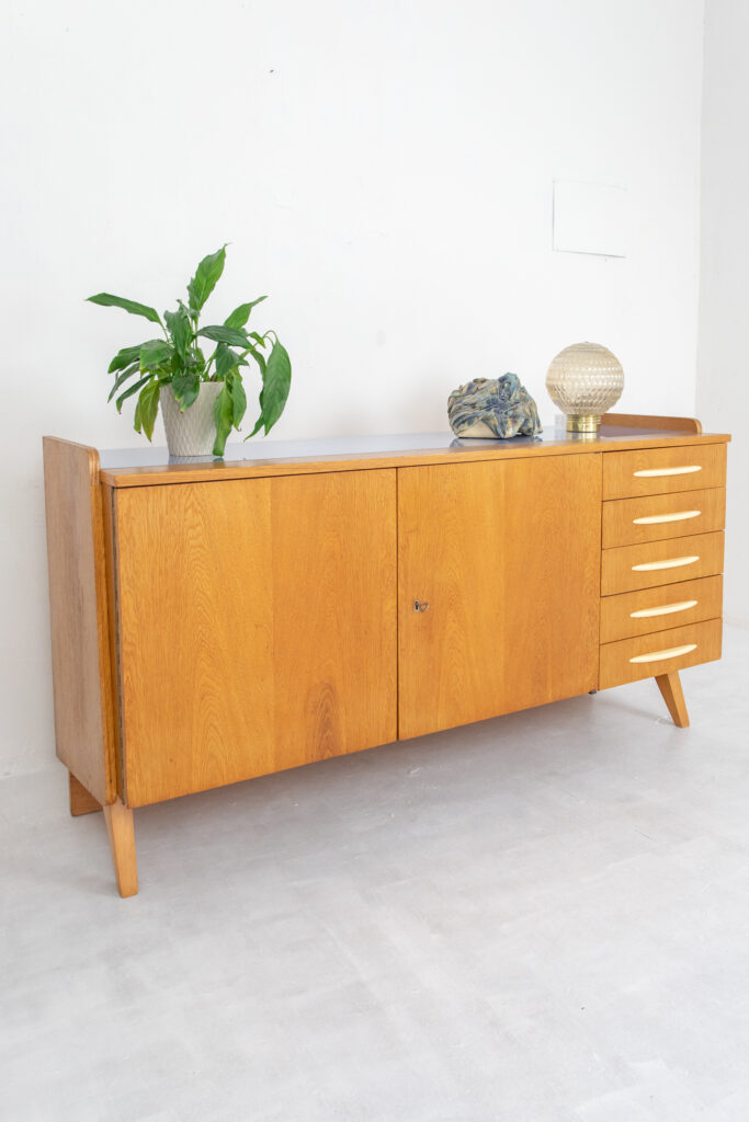 Tatra Nabytok Oak Sideboard with Blue Glass Top