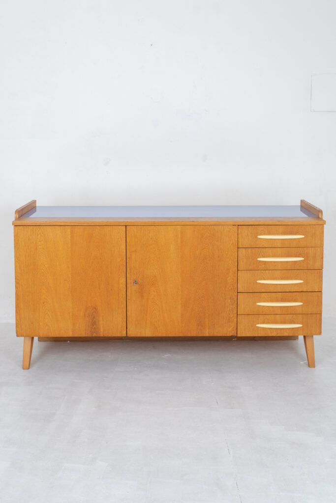 Tatra Nabytok Oak Sideboard with Blue Glass Top