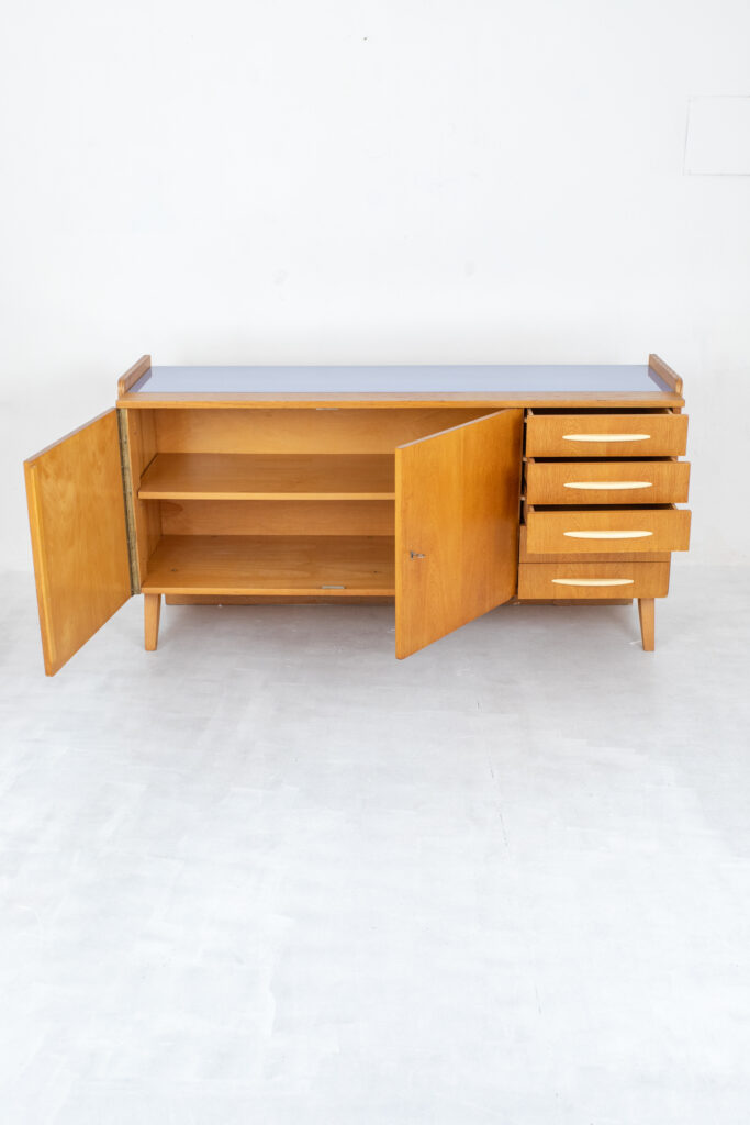 Tatra Nabytok Oak Sideboard with Blue Glass Top