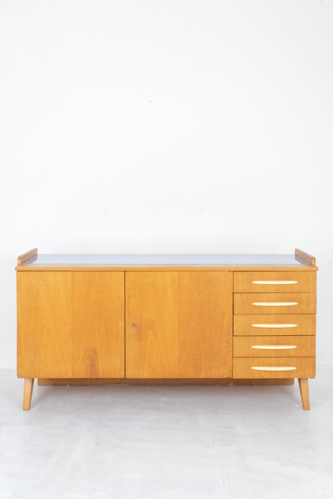 Tatra Nabytok Oak Sideboard with Blue Glass Top