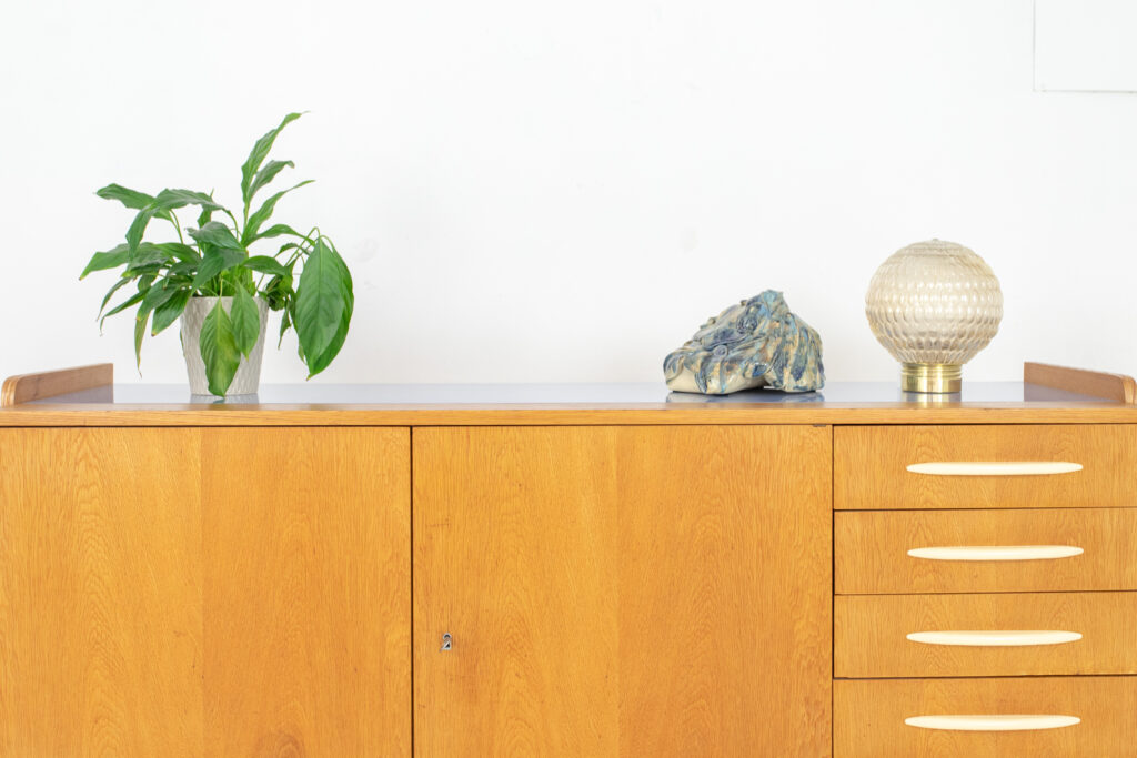 Tatra Nabytok Oak Sideboard with Blue Glass Top