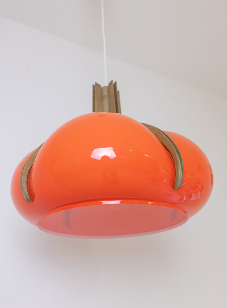 Mid-Century Orange Plexiglass Pendant Lamp with Wood Insert