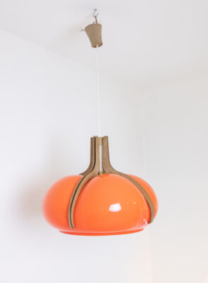 Mid-Century Orange Plexiglass Pendant Lamp with Wood Insert