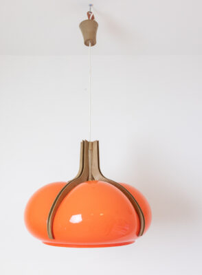 Mid-Century Orange Plexiglass Pendant Lamp with Wood Insert