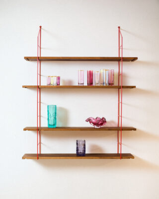 Restored Red Shelving System with 4 Wooden Shelves